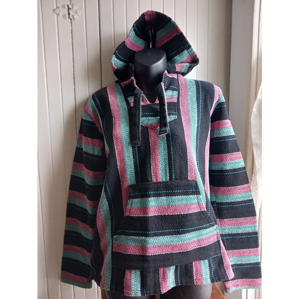 Senor Lopez Poncho Hoodie Pink Striped Cotton Blend Medium